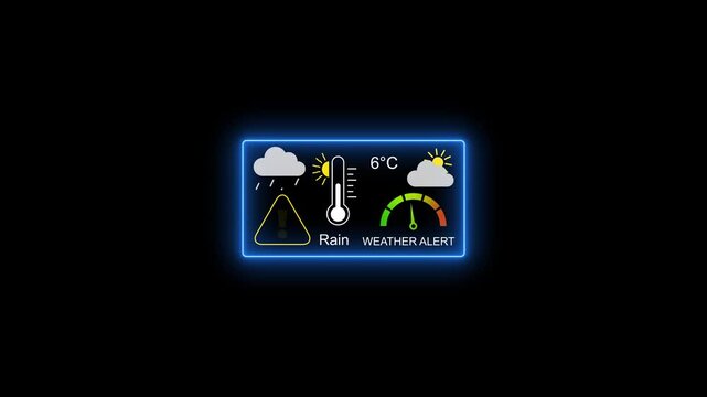 Digital weather alert interface with rain warning and temperature gauge on black background forecast