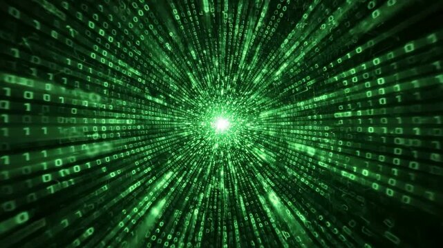 Green digital binary code tunnel abstract background, high-speed data streaming and cyber security concept