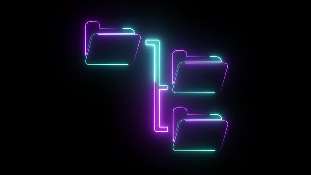 Neon Folder tree line icon on black background Computer network file folder organization structure flowchart glowing neon page file animation 4K Video.