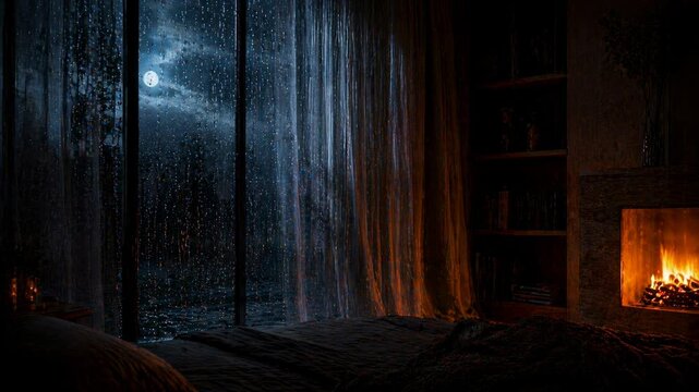 Cozy firelit room with rainy night view through large windows capturing serene atmosphere