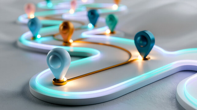 Customer journey mapping concept showing a curved glowing path from acquisition to renewal with user icons at each checkpoint on a bright minimal background clean modern design