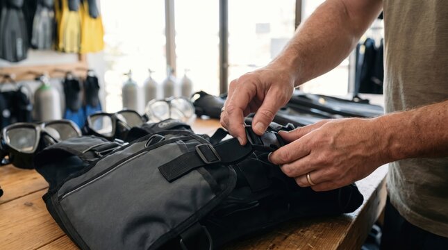 Diver adjusting straps on a black buoyancy control device next to scuba gear in a shop