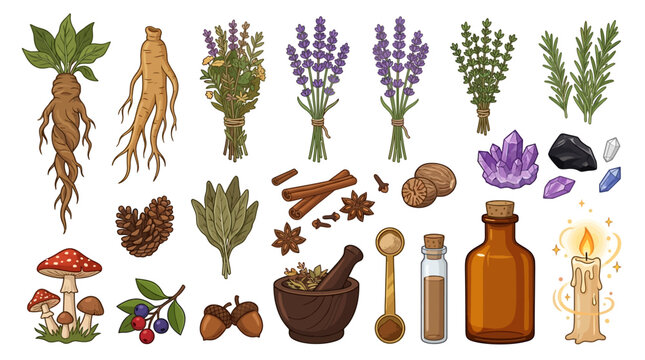 An organized display of mystical and herbal ingredients, including mandrake roots, lavender bundles, various crystals, and a lit candle, are carefully arranged on a white background.