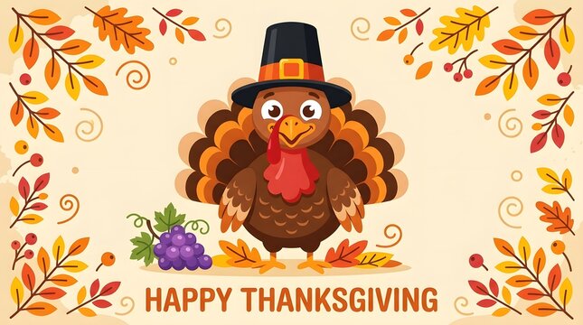 A cute cartoon turkey wearing a pilgrim hat surrounded by colorful autumn leaves for a festive happy thanksgiving day celebration greeting card design