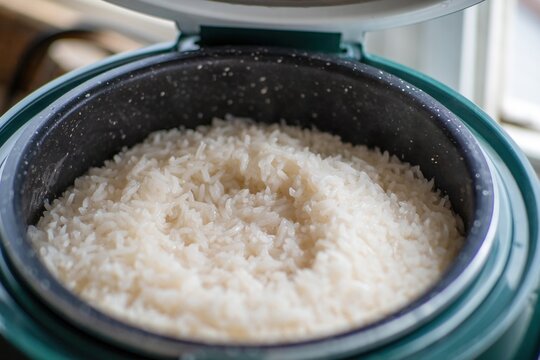 Cooked white rice in open electric rice cooker