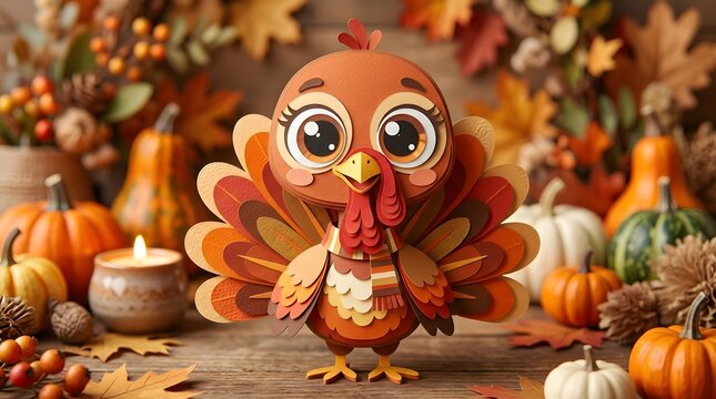 A cute cartoon turkey character surrounded by autumn pumpkins and fall leaves celebrating a festive happy thanksgiving day in a cozy rustic setting