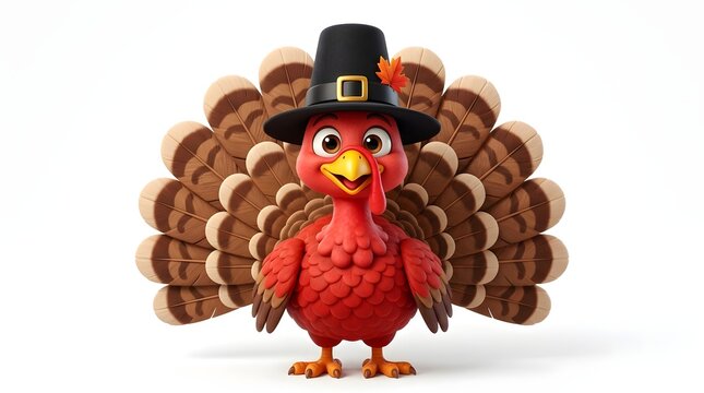 A cute cartoon turkey wearing a pilgrim hat standing on a white background to celebrate the festive happy thanksgiving day holiday event