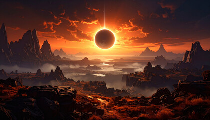 Epic Rocky Terrain Landscape Beneath a Radiant Solar Eclipse Sky at Sunset
