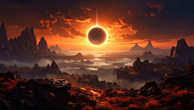 Epic Rocky Terrain Landscape Beneath a Radiant Solar Eclipse Sky at Sunset