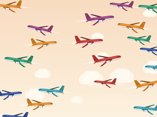 Obraz premium Flying Planes Contrail Pattern Airline Design Backdrop