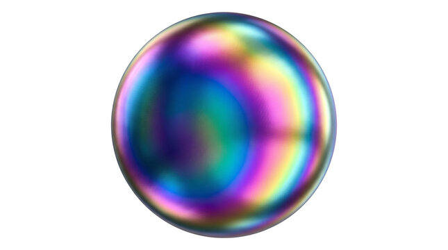 Iridescent holographic sphere with rainbow oil slick texture, glossy metallic pearl bubble on white background, futuristic 3d chrome orb element