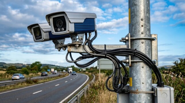 Roadside Surveillance Cameras Monitoring Highway Traffic And Speed