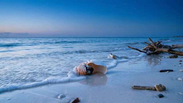 Waves gently washing ashore with seashells and driftwood on tranquil twilight beach