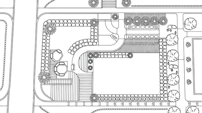 Black and white cad site plan of a residential backyard garden