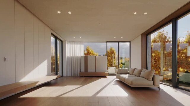 Pulling back, camera revealing empty modern living room in upper-level home, showcasing cabinet