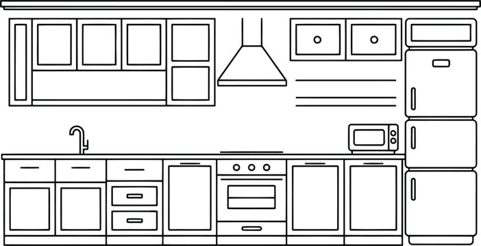 Black and white line of a kitchen cabinet set and appliances cabinets
