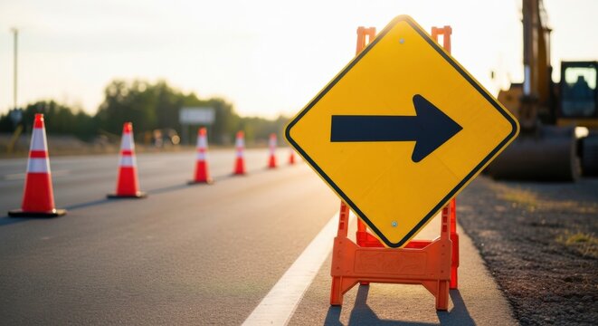 Roadwork Ahead Temporary Traffic Diversion Sign With Arrow Guidance