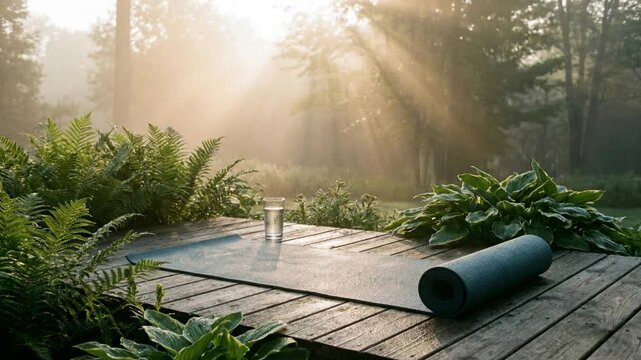 Morning sunlight illuminates outdoor yoga space surrounded by nature