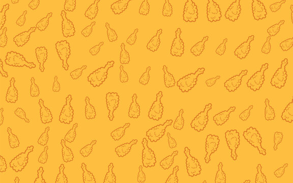 Fried chicken drumstick pattern background on yellow backdrop. Vector illustration of crunchy fast food leg pattern, restaurant menu cover packaging wallpaper template.