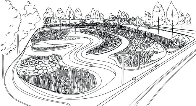 Black and white line of a sustainable eco friendly landscape garden