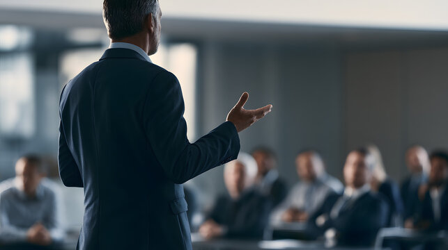 The anonymous business instructor conducting a leadership enhancement seminar for a cohort of managers in a corporate learning space, their focused attention on the front, a blurred training atmospher