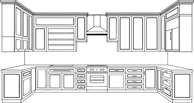 U-shaped kitchen cabinetry line with stove and range hood cupboards