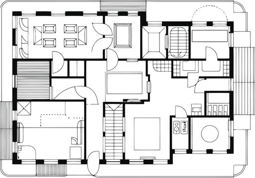 Black and white architectural floor plan of a residential house