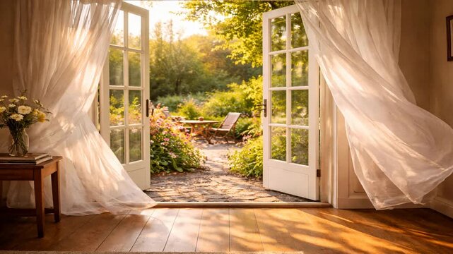 Gentle breeze through open french doors inviting tranquil morning light