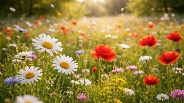 Vibrant wildflower meadow swaying in gentle breeze with sunlit blossoms