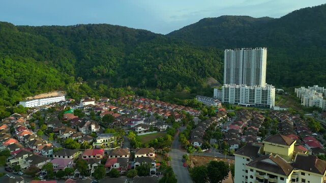 Row houses esidential area in Ferringhi hills. Amazing aerial view drone