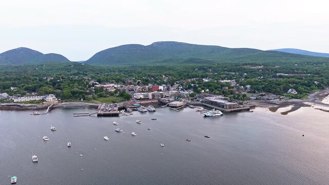 Aerial fly in toward Bar Harbor