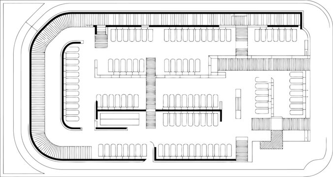 Architectural floor plan of a multi-level parking garage structure
