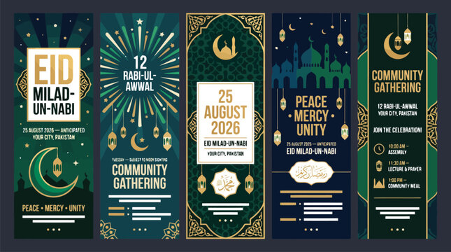 Eid Milad-un-Nabi vertical banner set, Islamic community gathering flyer collection with 5 vector templates, green and gold Mawlid al-Nabi posters