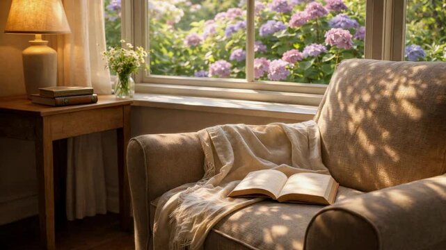 Cozy sunlit reading nook with floral garden view in blissful morning light