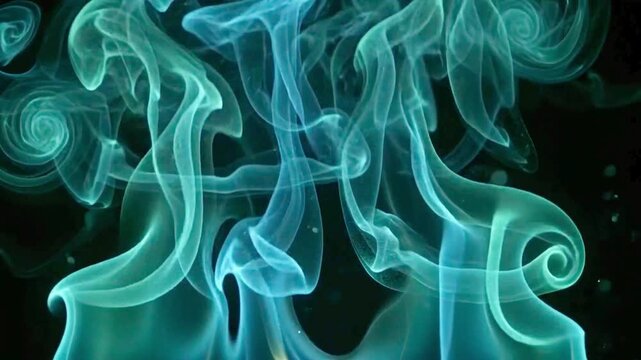 Ethereal turquoise smoke plumes on black background, swirling teal vapor trails, abstract mystical gas clouds for cinematic overlays and motion graphics