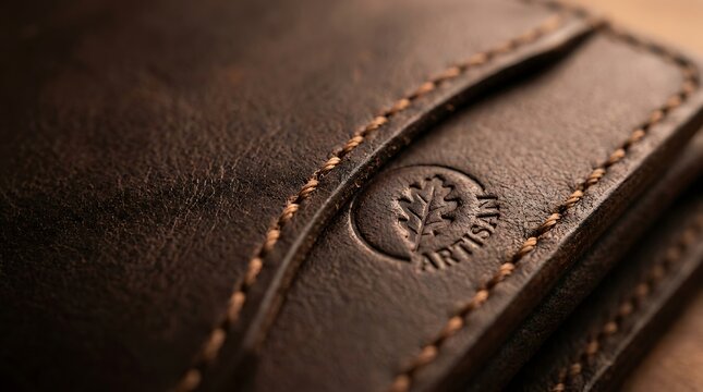 Brown leather texture with stitching. Close up of embossed logo on handcrafted wallet.