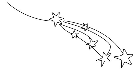 A simple black and white line art drawing of a group of shooting stars moving across the sky isolated on a plain clean white background surface Vector, illustration © Single Outline 