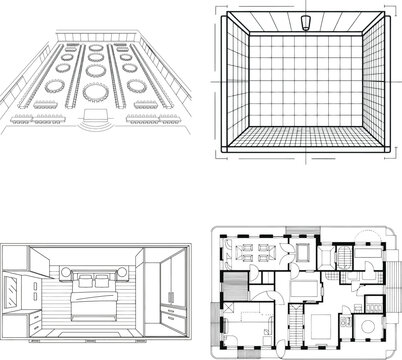Architectural floor plans, room layouts, and event hall diagrams