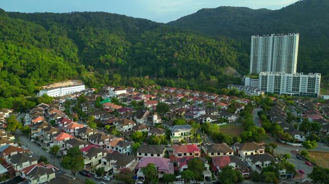 Row houses esidential area in Ferringhi hills. Nice aerial view drone