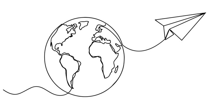 Continuous single line drawing of a paper plane flying around the globe earth showing travel adventure and global connection concept simple icon Vector, illustration