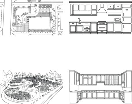 Architectural line of kitchen interiors and park landscapes garden