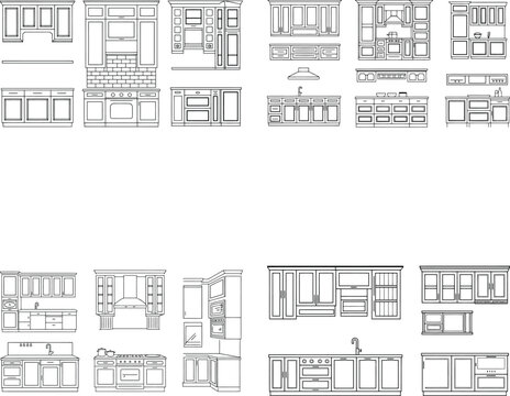 Set of kitchen cabinetry, appliances, and island furniture stove