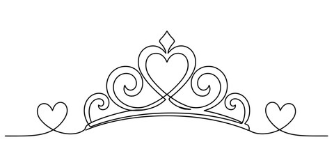 Continuous line drawing of a princess tiara crown with heart shapes for a wedding or birthday design isolated on a clean white background Vector, illustration © Rimi Kailash Arts