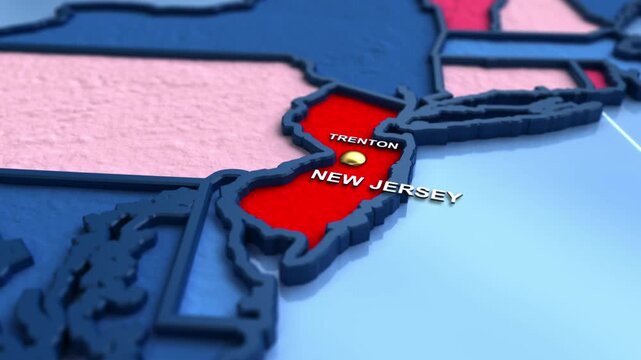 Looped 3D election map animation of the United States zooming into New Jersey state, featuring red, blue, purple and green political outcome variations. 