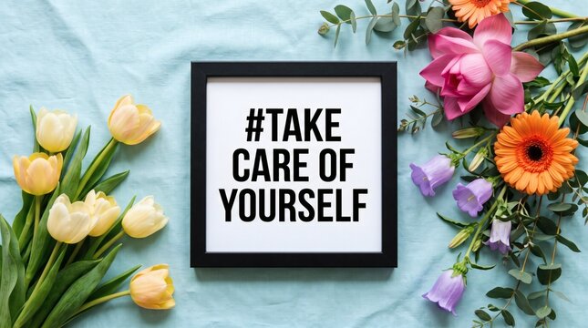 Take Care Of Yourself framed quote with colorful spring flowers on blue background, self care flat lay