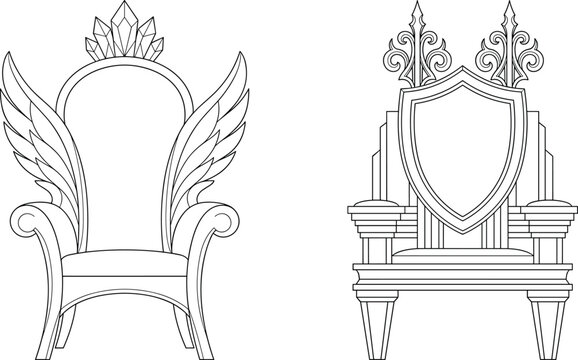 Ornate royal throne chairs with wings and shield embellishments line art vector illustration for fantasy and game design