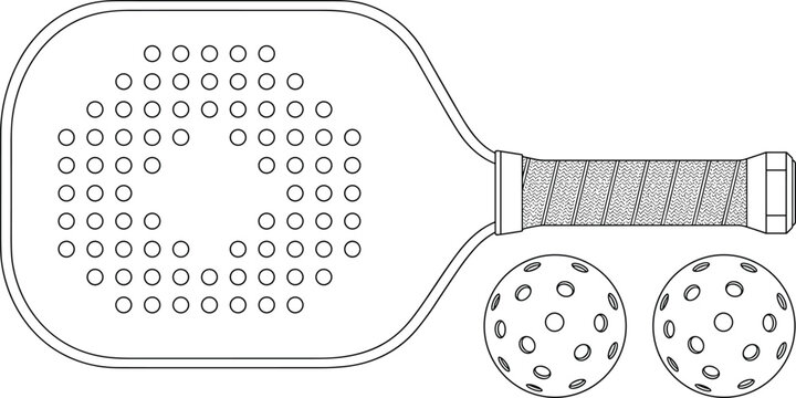 Padel racket with perforated surface and yellow balls line art vector illustration for sports and recreation design