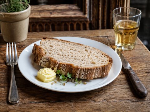 Rustikales Bauernbrot in dicken Scheiben mit Butter auf wei&szlig;em Teller, serviert auf einem Holztisch mit Besteck und Getr&auml;nk in gem&uuml;tlicher Restaurantatmosph&auml;re.