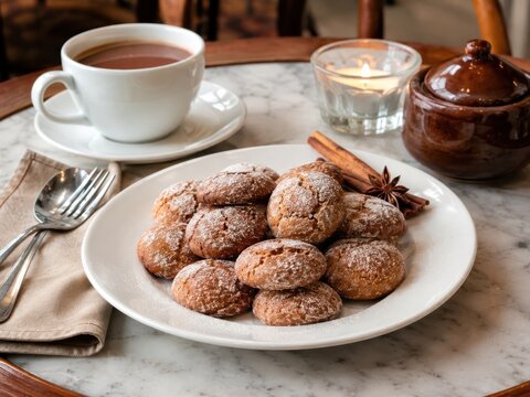 Traditionelle Pfeffern&uuml;sse mit Puderzucker, Zimt und Sternanis auf wei&szlig;em Teller, stimmungsvoll zu hei&szlig;em Getr&auml;nk und Kerzenlicht in gem&uuml;tlicher Caf&eacute;atmosph&auml;re serviert.