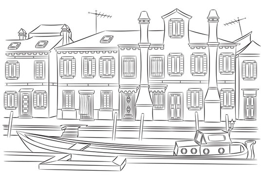 Traditional Canal Houses in Burano, Venice, Italy Black and White Vector Illustration